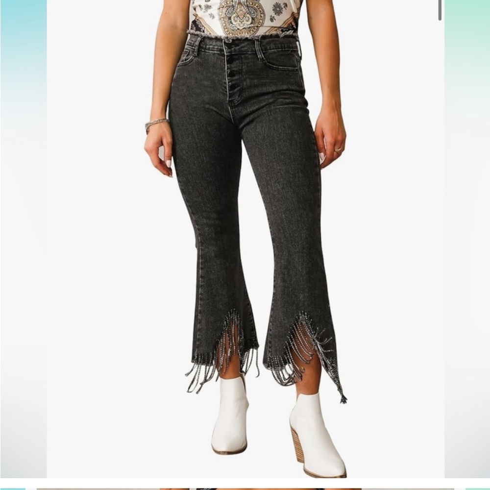 Frayed shimmery Hem Black Jeans